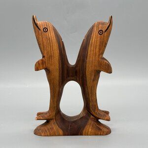 Vintage Hand Carved Wooden Dolphin Sculpture With Midcentury Folk Art Coastal
